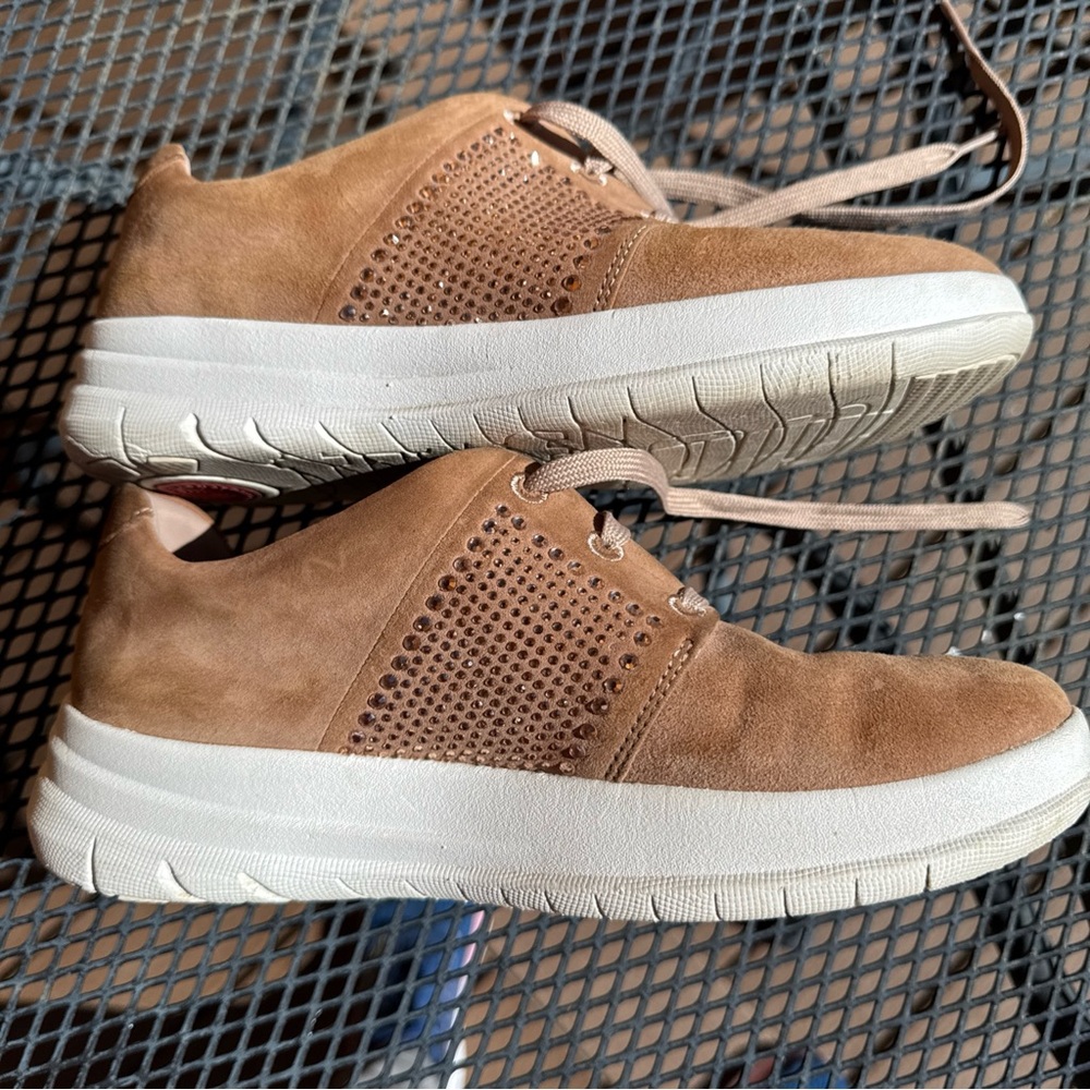 Tan Fitflop Womens Sporty Pop X Crystal Sparkle Size 7 Suede Sneakers